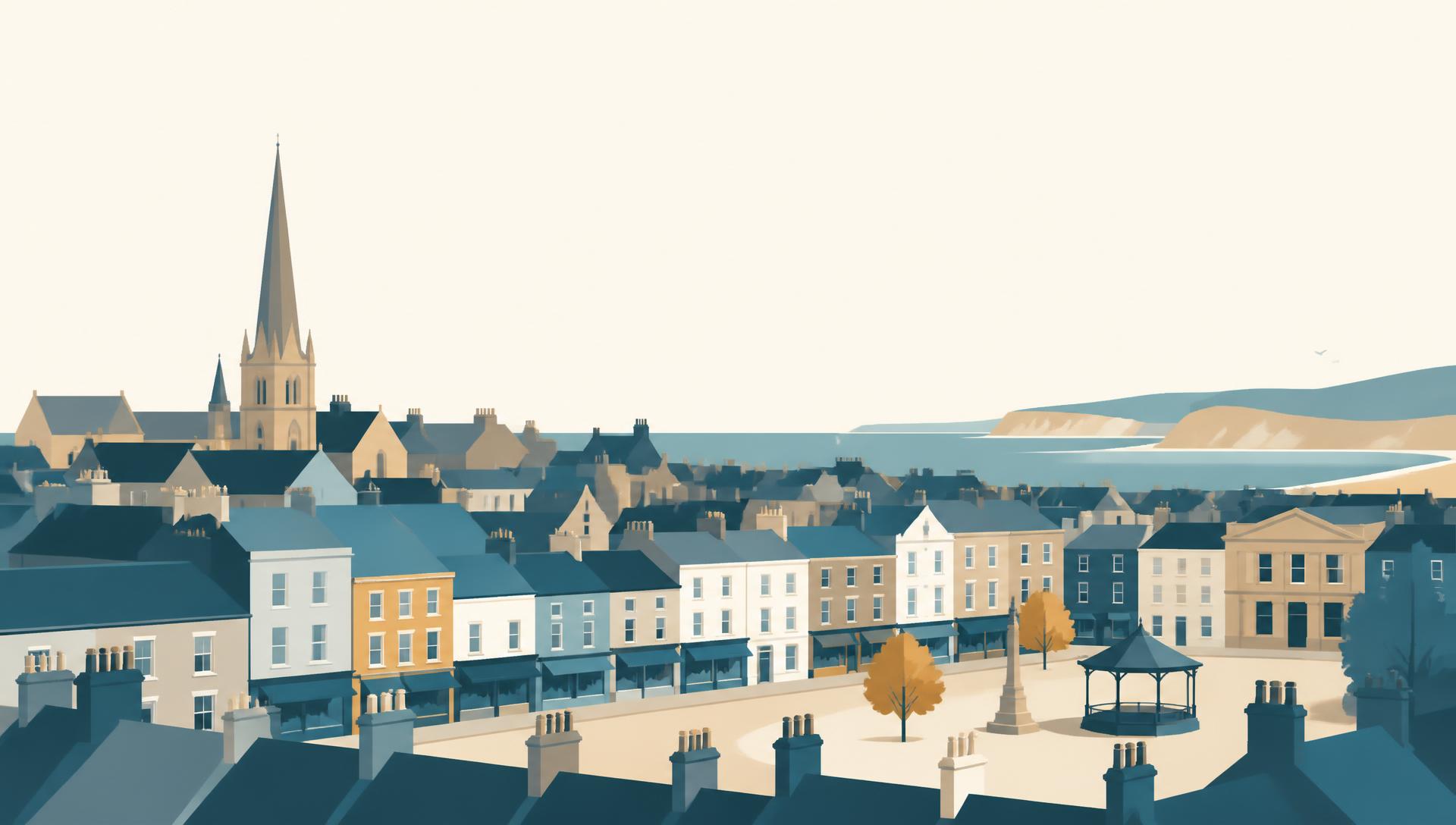 Abstract illustration of a UK townscape with terraced houses, a high street and civic buildings